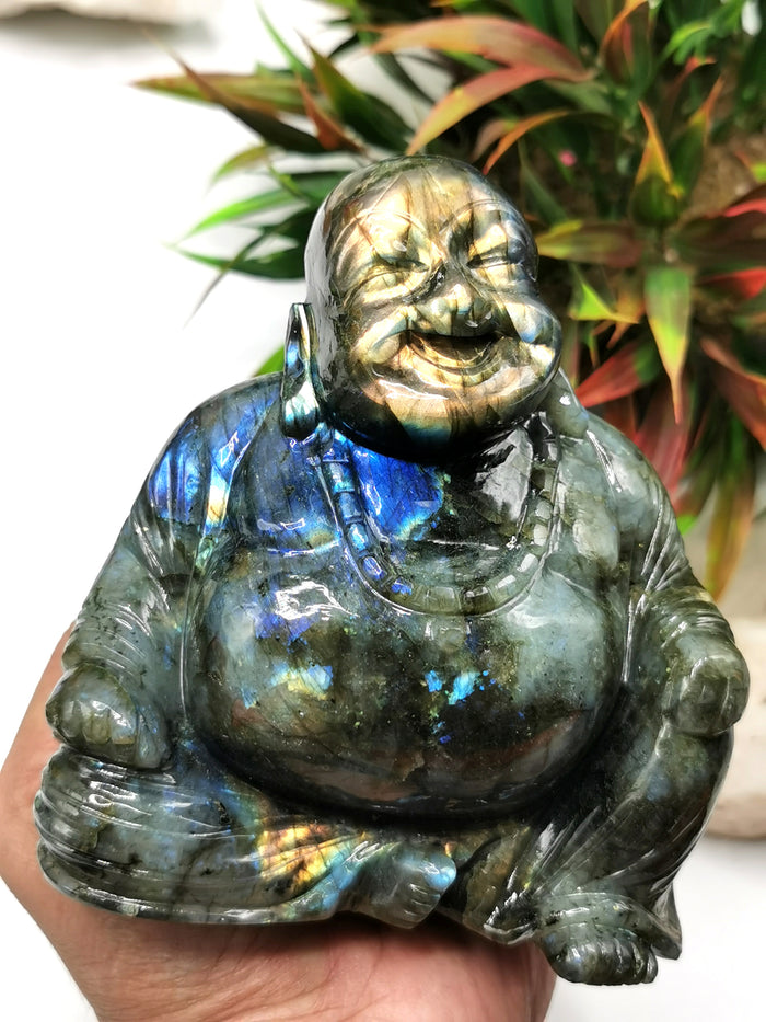 Labradorite Laughing Buddha Hotei - handmade carving of serene and smiling Buddha - Shwasam