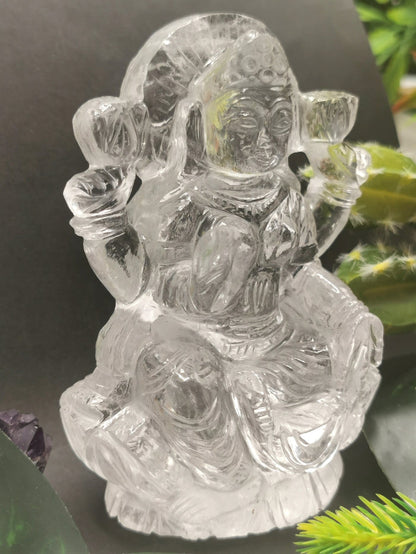 Lakshmi statue / carving handcarved in Clear Quartz stone - Goddess Laxmi carving in quartz 3.7 inches and 305 gms