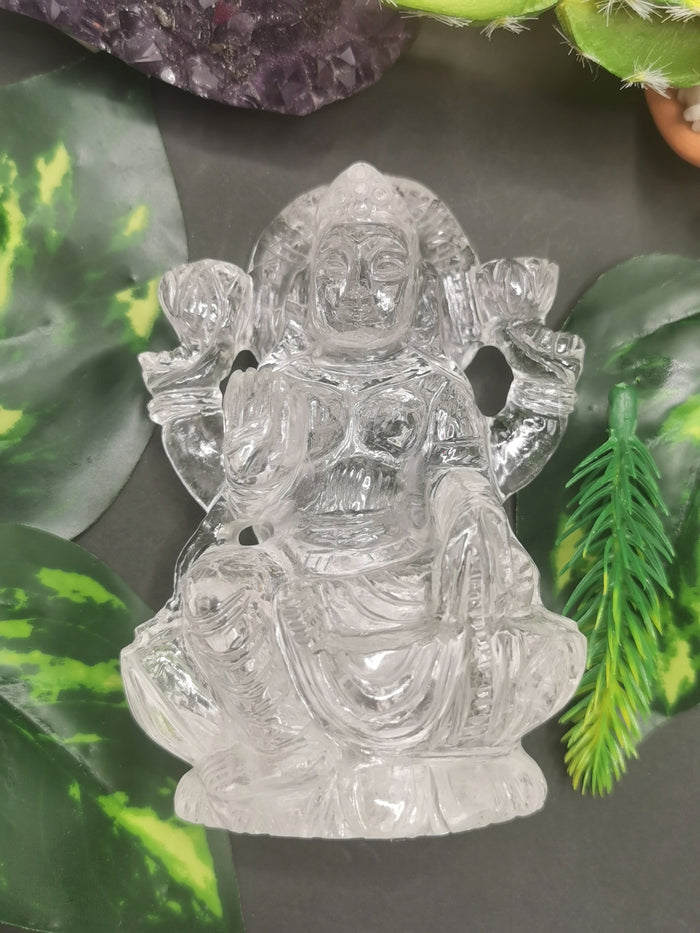 Lakshmi statue / carving handcarved in Clear Quartz stone - Goddess Laxmi carving in quartz 3.7 inches and 305 gms