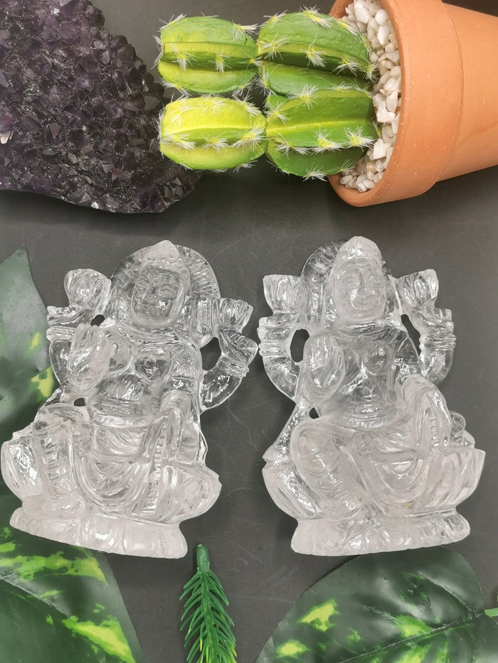 Lakshmi statue / carving handcarved in Clear Quartz stone - Goddess Laxmi carving in quartz 3.7 inches and 305 gms