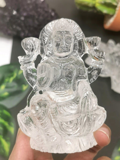 Lakshmi statue / carving handcarved in Clear Quartz stone - Goddess Laxmi carving in quartz 3.7 inches and 305 gms