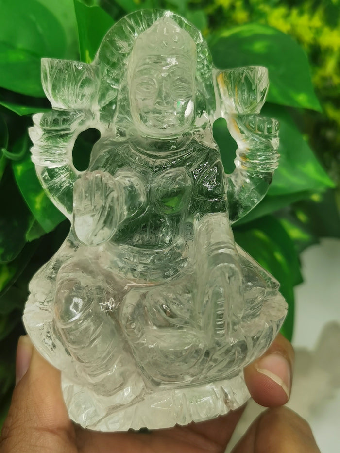 Lakshmi statue / carving handcarved in Clear Quartz stone - Goddess Laxmi carving in quartz 3.7 inches and 305 gms