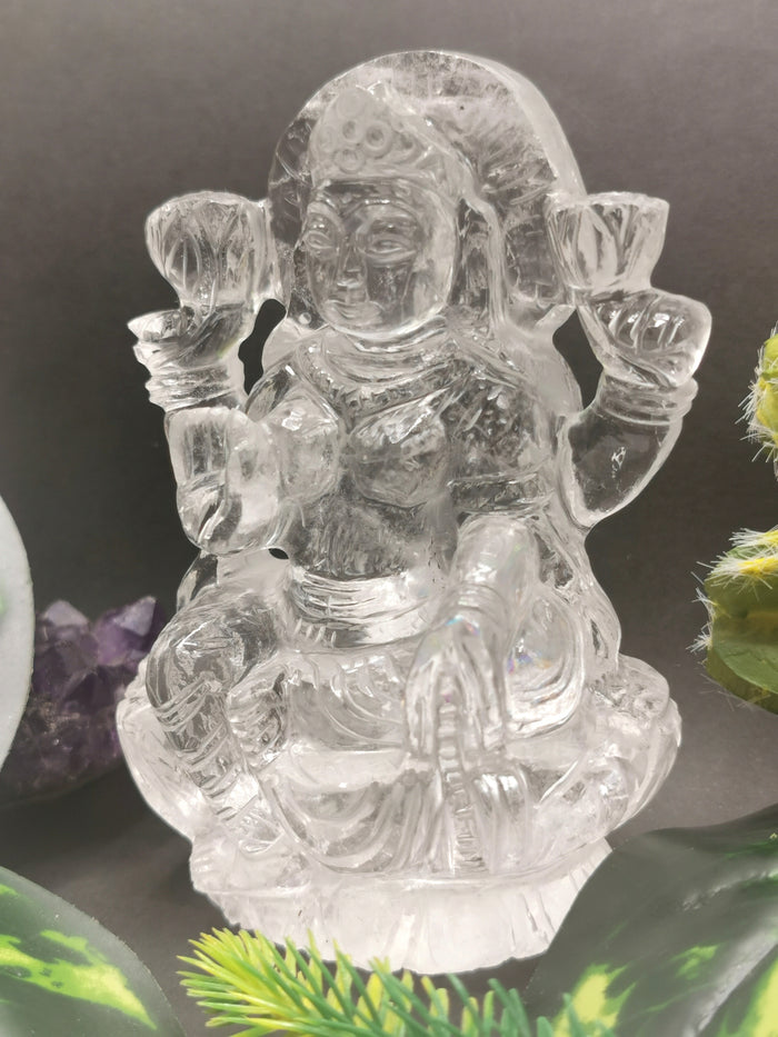 Lakshmi statue / carving handcarved in Clear Quartz stone - Goddess Laxmi carving in quartz 3.7 inches and 305 gms