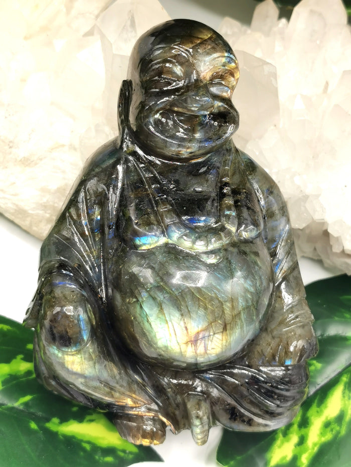 Laughing Buddha statue in natural Labradorite stone - Shwasam
