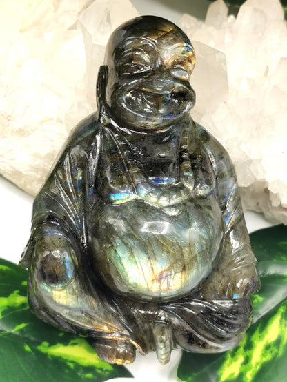 Laughing Buddha statue in natural Labradorite stone - Shwasam