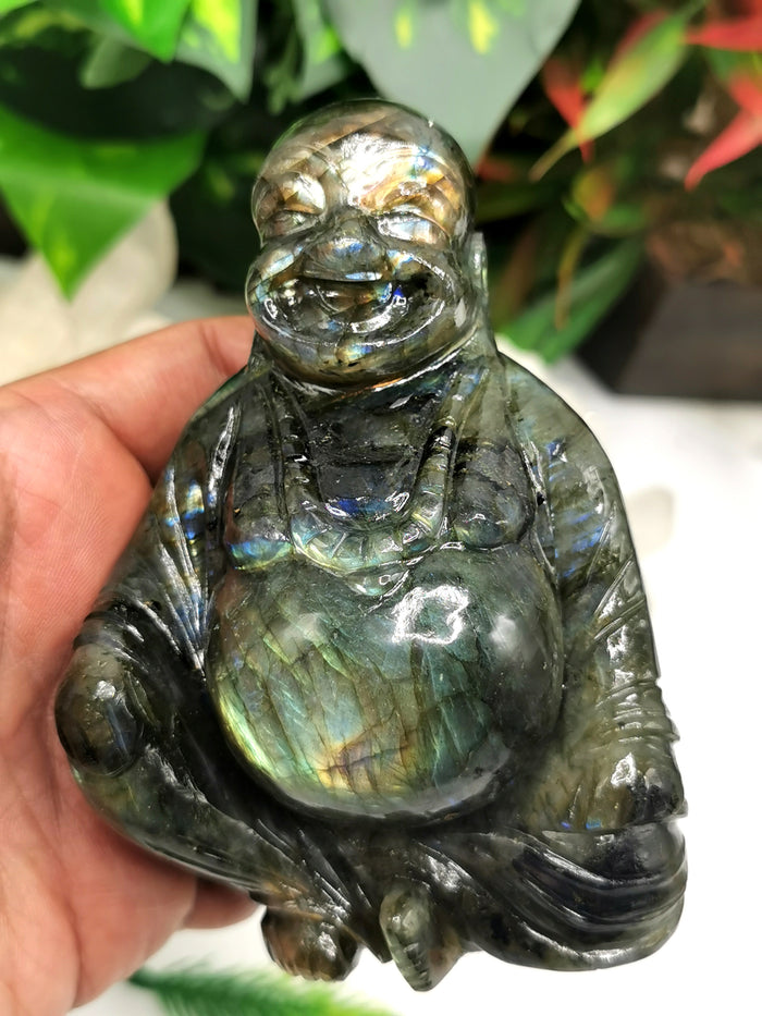 Laughing Buddha statue in natural Labradorite stone - Shwasam