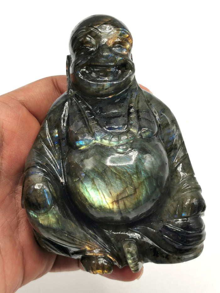 Laughing Buddha statue in natural Labradorite stone - Shwasam