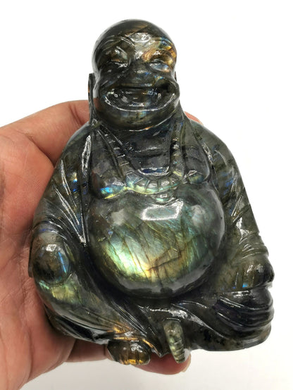 Laughing Buddha statue in natural Labradorite stone - Shwasam
