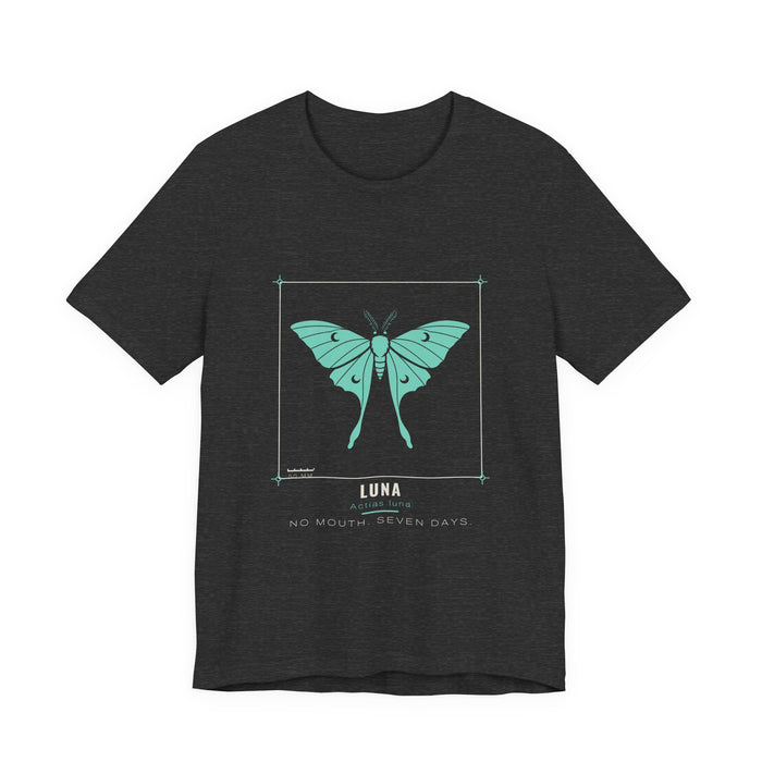 The Luna moth specimen plate design printed on a dark grey heather unisex t-shirt.