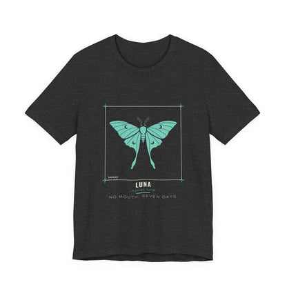 The Luna moth specimen plate design printed on a dark grey heather unisex t-shirt.