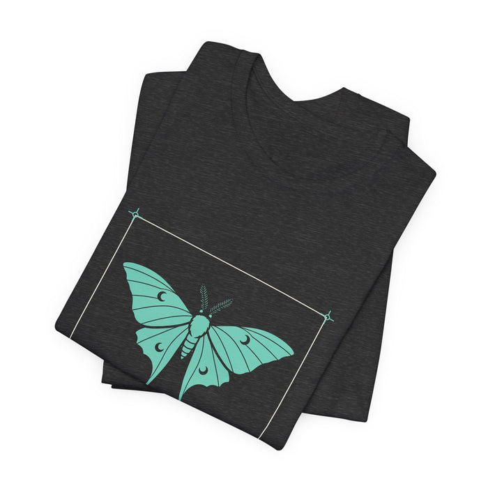 Dark grey heather Luna t-shirt folded to show the front print at an angle.