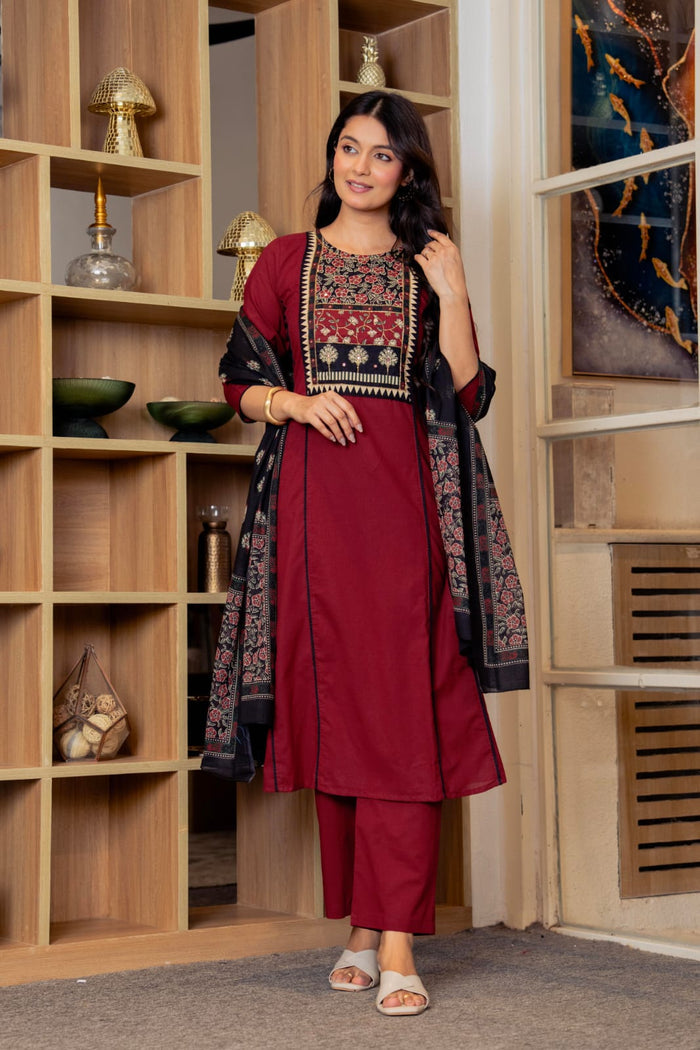 MAROON LACE STRAIGHT SUIT SET