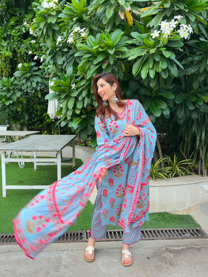 MISTY BLUE LACE DETAILED STRAIGHT SUIT SET