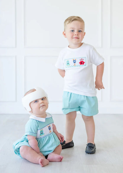 CHILDREN WEARING SMOCKED MONSTERS HALLOWEEN OUTFITS