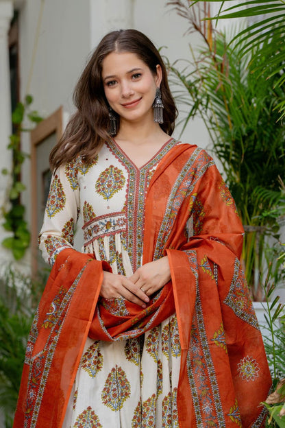 MUGHAL IVORY AND RUST ANARKALI SET