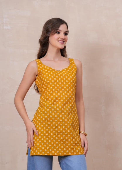 MUSTARD BLOSSOM SLEEVELESS SHORT KURTI