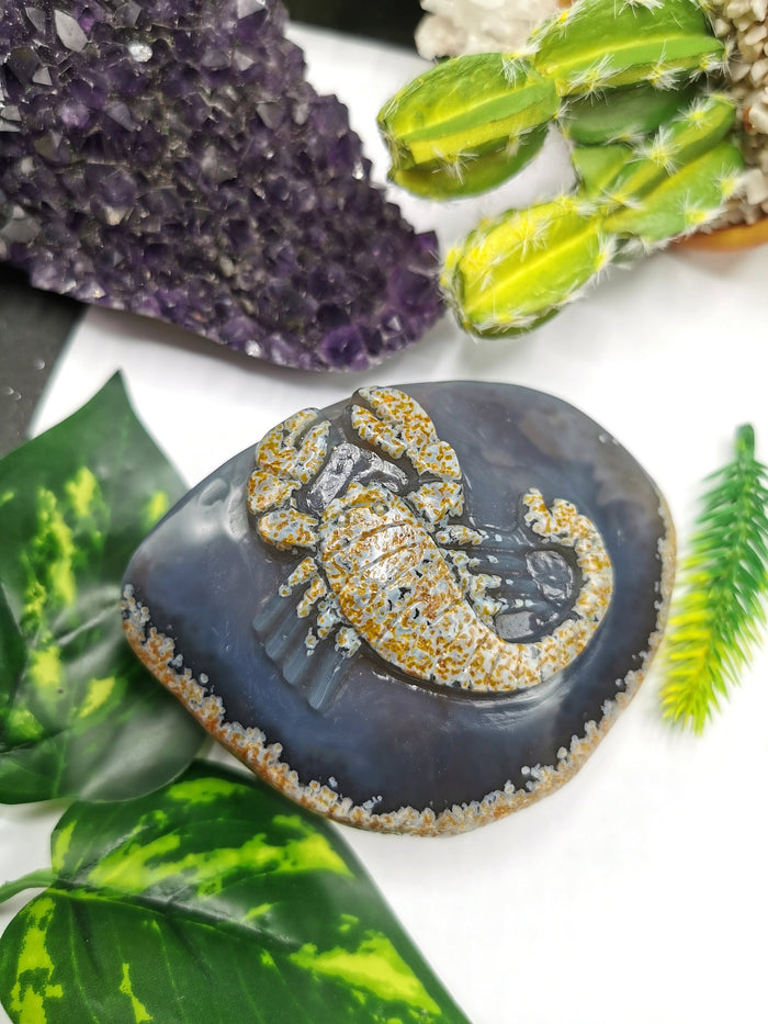 Natural Agate Stone geode with carving of Scorpion - crystal/reiki/chakra/healing - Shwasam