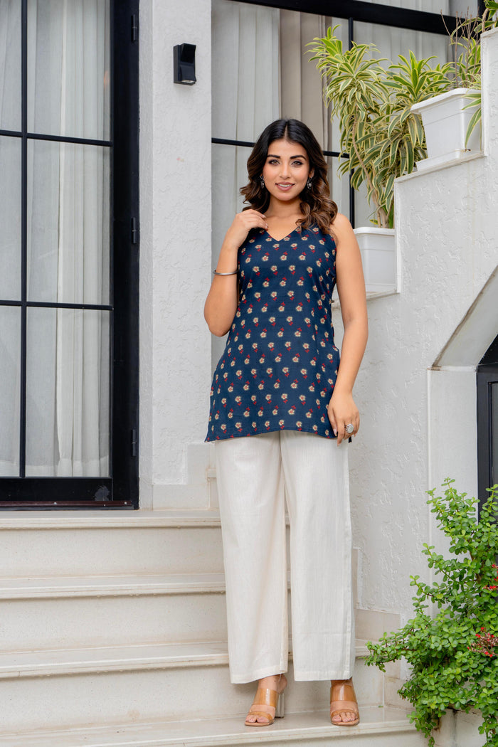 NAVY BLOSSOM HALTER NECK KURTI