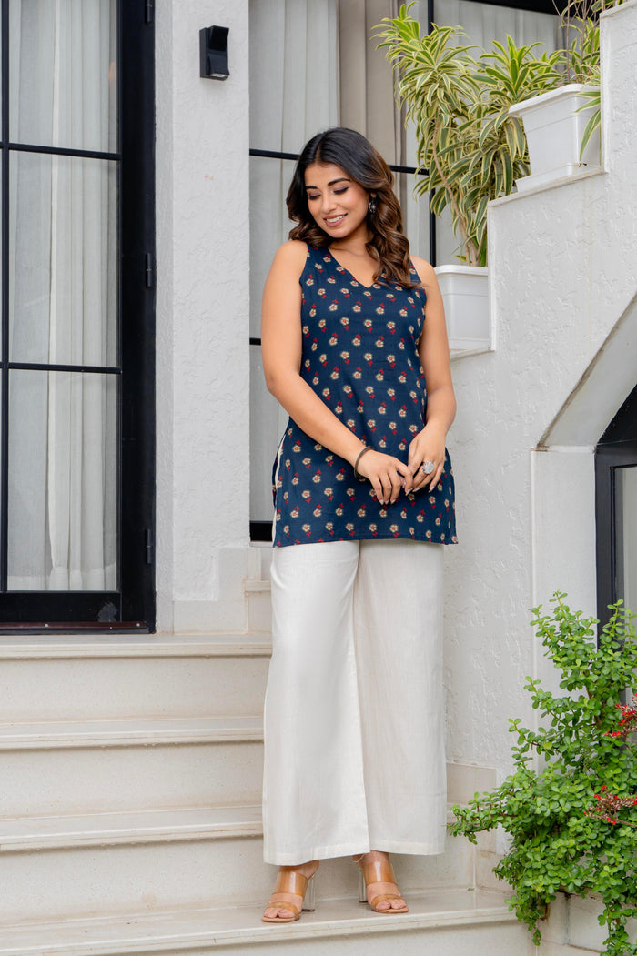 NAVY BLOSSOM HALTER NECK KURTI