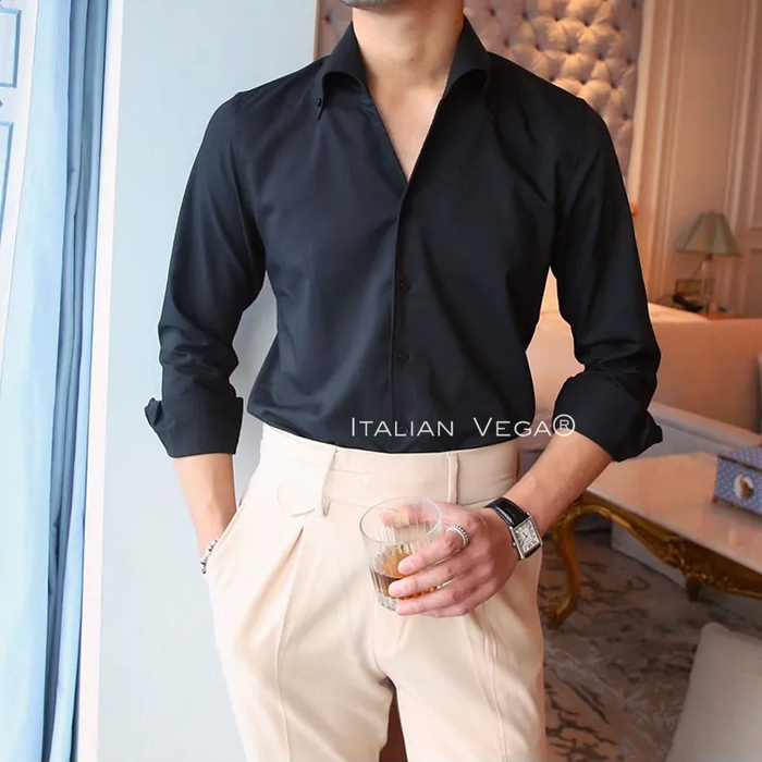 Old Money Black Shirt with Anthracite Flannel Signature Buttoned Gurkha Pant by ITALIAN VEGA®