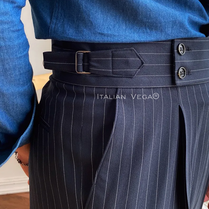 Old Money Black Shirt with Navy Stripe Signature Buttoned Gurkha Pant by ITALIAN VEGA®