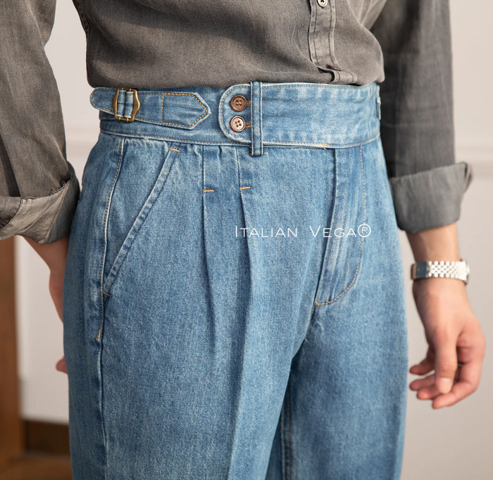 Old Money Black Shirt with Sky Blue Denim Signature Buttoned Gurkha Pant by ITALIAN VEGA®