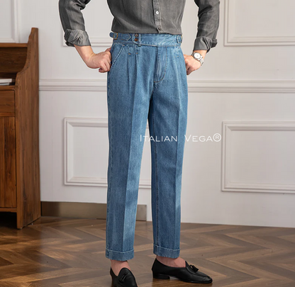 Old Money Black Shirt with Sky Blue Denim Signature Buttoned Gurkha Pant by ITALIAN VEGA®