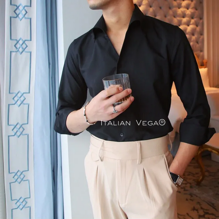 Old Money Black Shirt with Sky Blue Denim Signature Buttoned Gurkha Pant by ITALIAN VEGA®