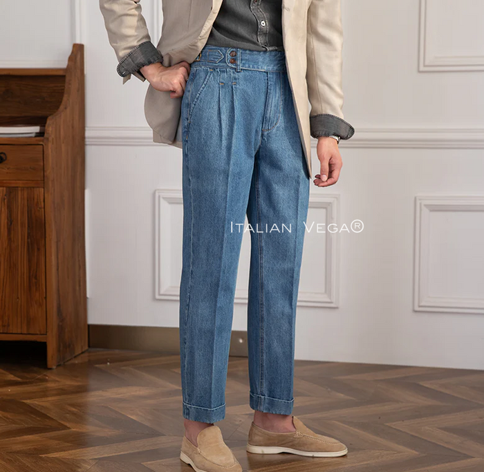 Old Money Black Shirt with Sky Blue Denim Signature Buttoned Gurkha Pant by ITALIAN VEGA®