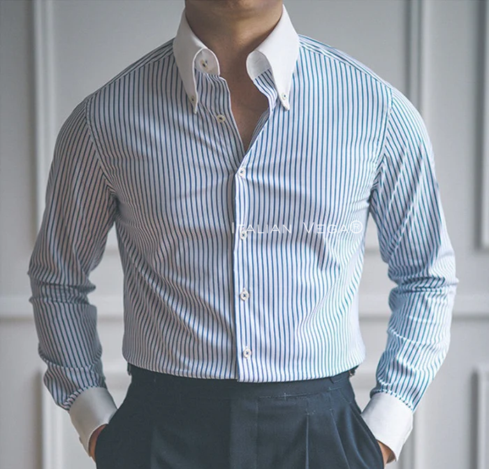 Old Money Classic Stripe Shirt with Black Herringbone Signature Buttoned Gurkha Pant by ITALIAN VEGA®