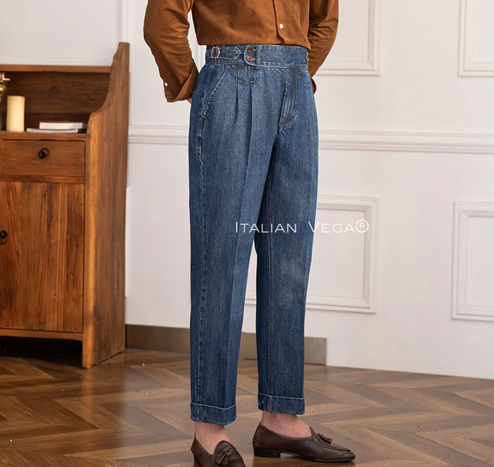 Old Money Classic Stripe Shirt with Dark Blue Denim Signature Buttoned Gurkha Pant by ITALIAN VEGA®