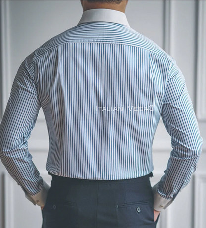 Old Money Classic Stripe Shirt with Dark Blue Denim Signature Buttoned Gurkha Pant by ITALIAN VEGA®