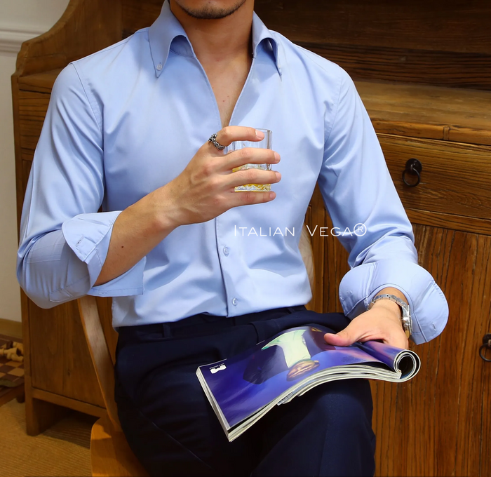 Old Money Powder Blue Shirt with Black Herringbone Signature Buttoned Gurkha Pant by ITALIAN VEGA®