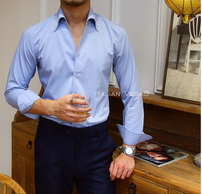 Old Money Powder Blue Shirt with Black Herringbone Signature Buttoned Gurkha Pant by ITALIAN VEGA®
