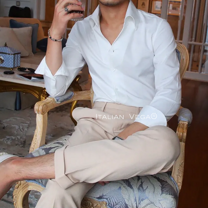 Old Money White Shirt with Black Herringbone Signature Buttoned Gurkha Pant by ITALIAN VEGA®