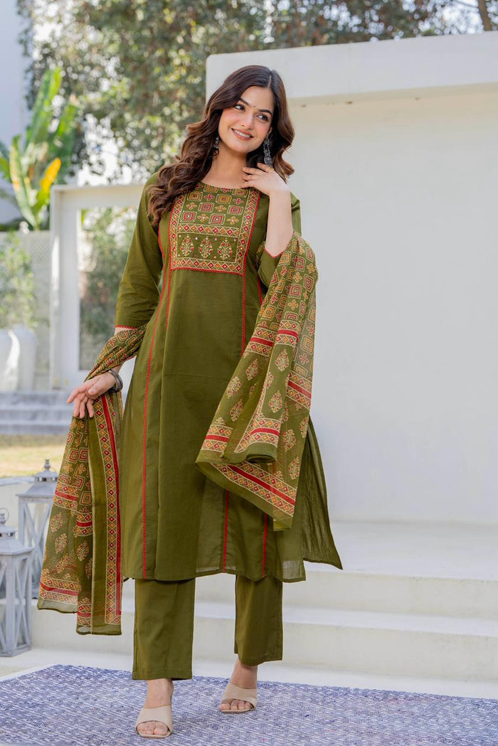 OLIVE GREEN LACE STRAIGHT SUIT SET