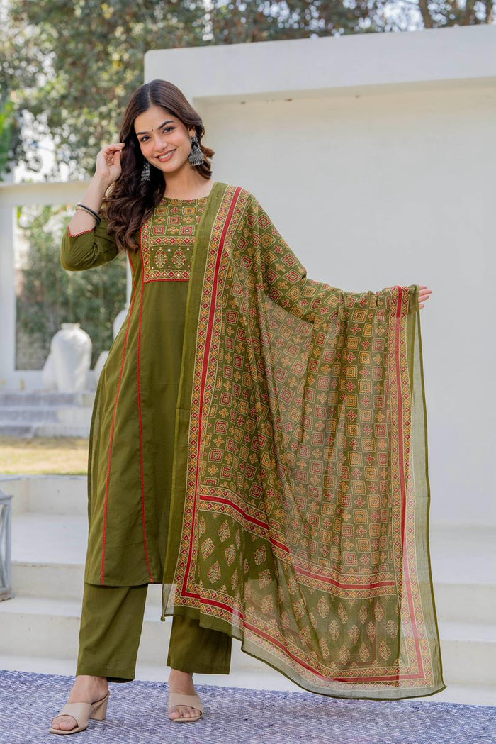 OLIVE GREEN LACE STRAIGHT SUIT SET