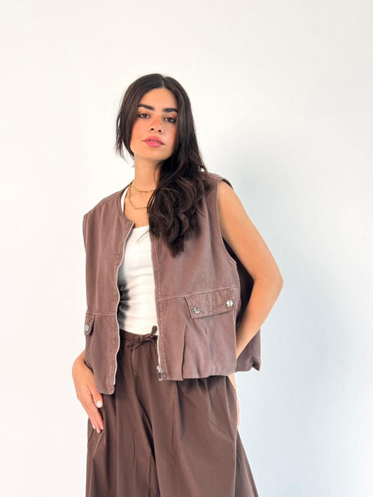 Oversized Cargo Zip Vest – Brown