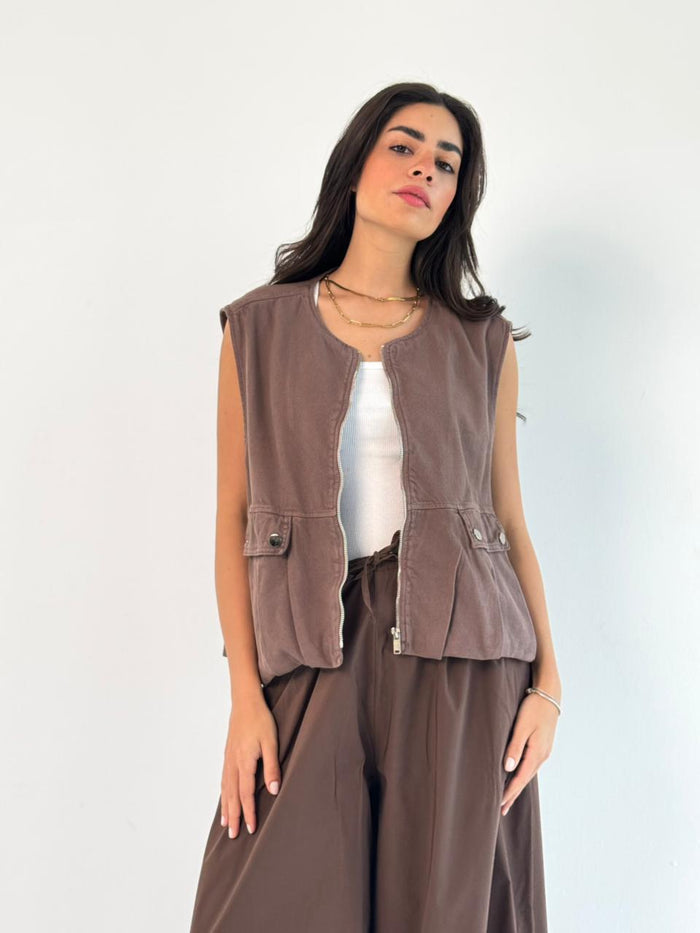 Oversized Cargo Zip Vest – Brown