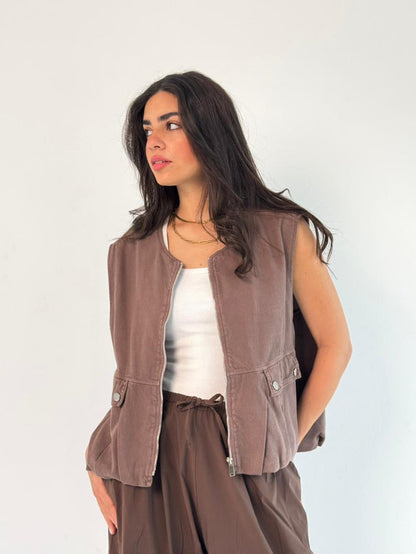 Oversized Cargo Zip Vest – Brown
