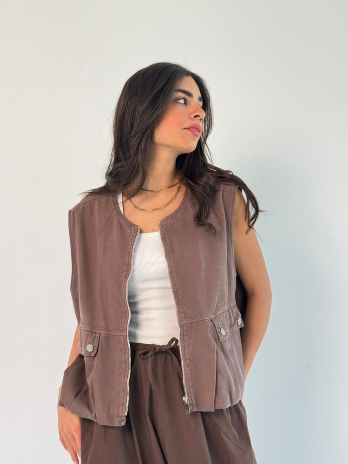 Oversized Cargo Zip Vest – Brown