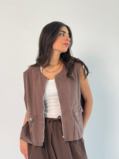 Oversized Cargo Zip Vest – Brown
