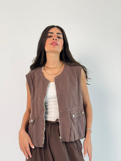 Oversized Cargo Zip Vest – Brown