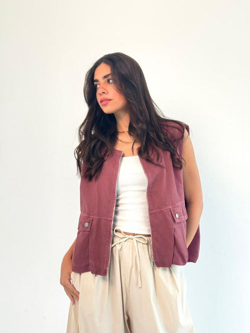 Oversized Cargo Zip Vest – Burgundy