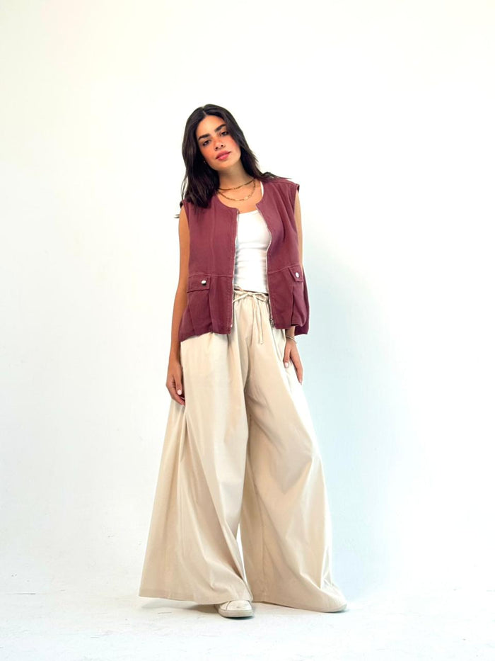 Oversized Cargo Zip Vest – Burgundy