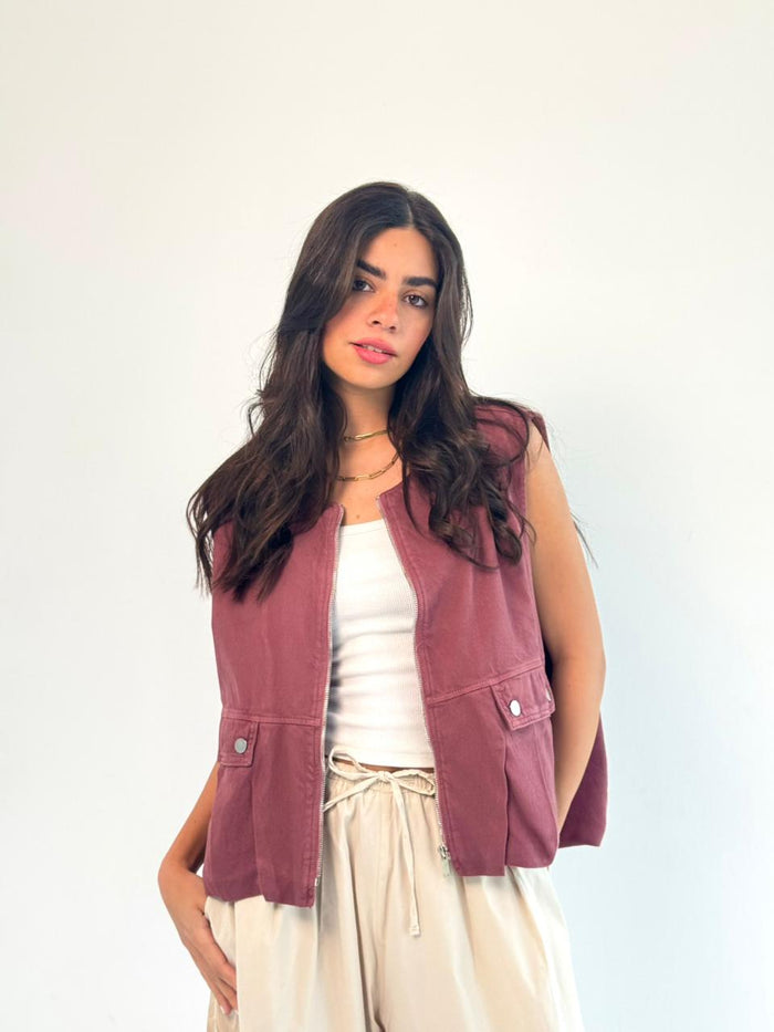 Oversized Cargo Zip Vest – Burgundy