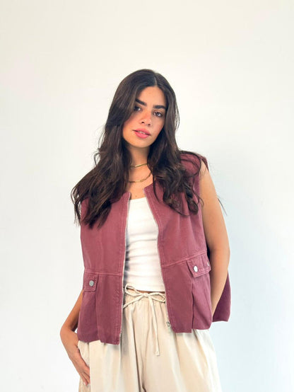 Oversized Cargo Zip Vest – Burgundy