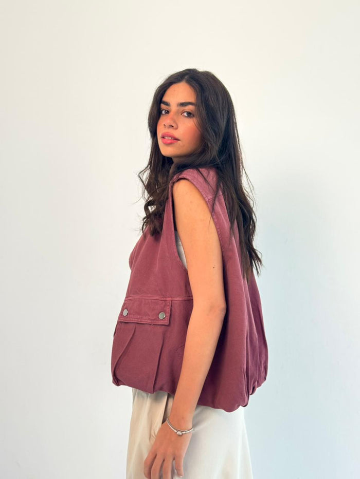 Oversized Cargo Zip Vest – Burgundy