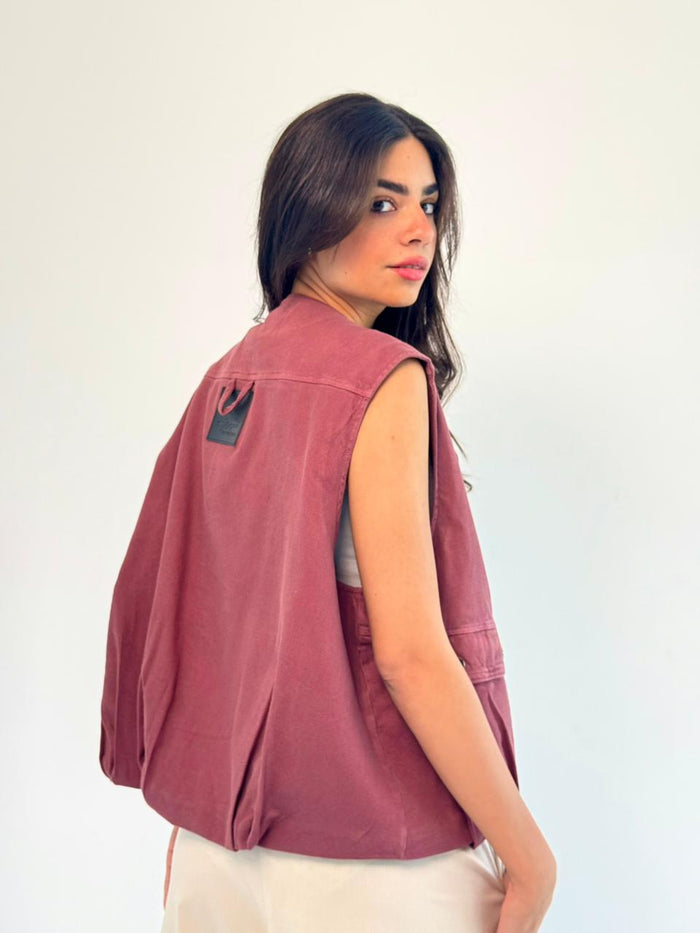 Oversized Cargo Zip Vest – Burgundy