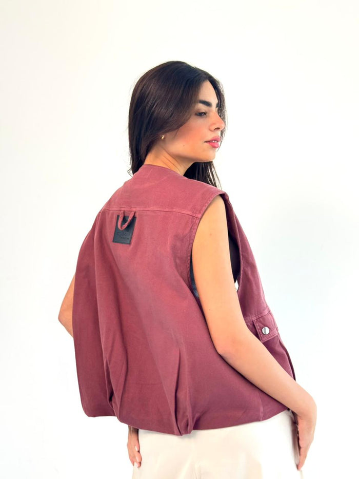 Oversized Cargo Zip Vest – Burgundy